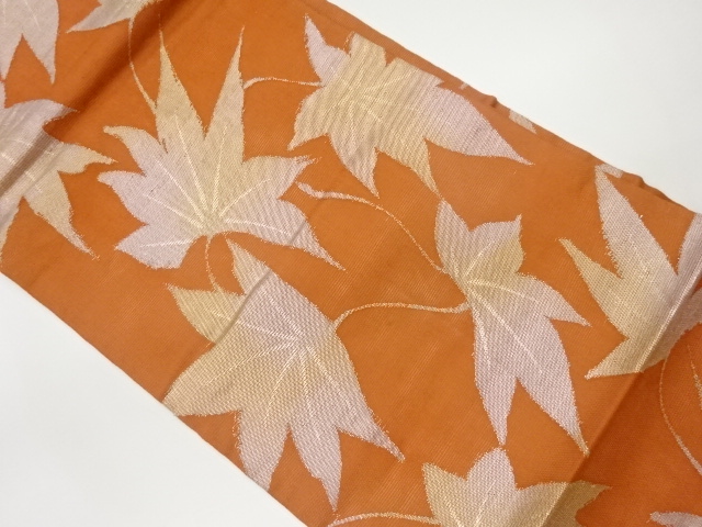 JAPANESE KIMONO / VINTAGE NAGOYA OBI FOR SUMMER / WOVEN MAPLE LEAVES